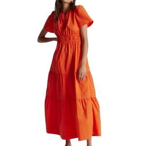Imperfect Quince Women's Tiered Maxi Dress Orange Vermillion Short Sleeve Medium